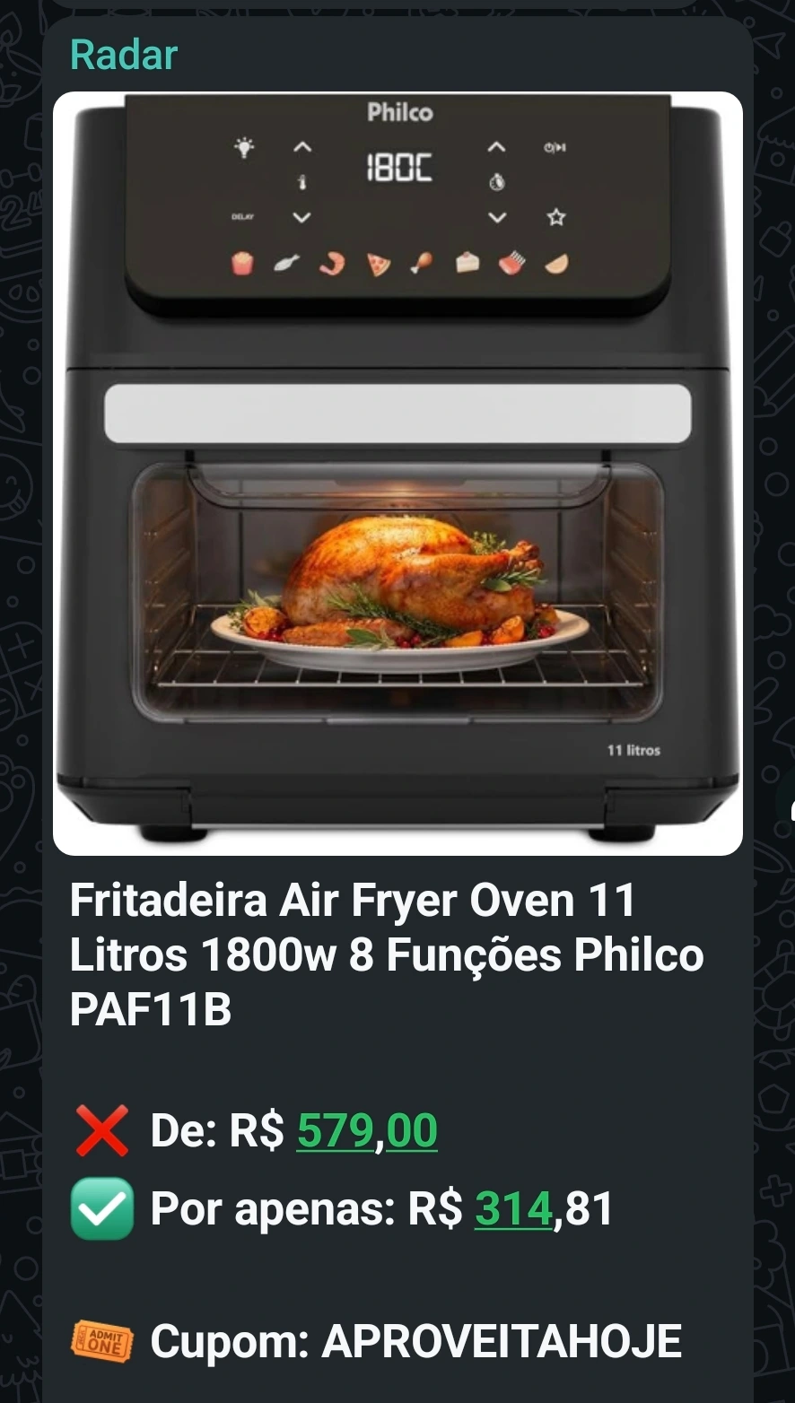 Print real do grupo com oferta de Air Fryer Oven Philco e preço promocional