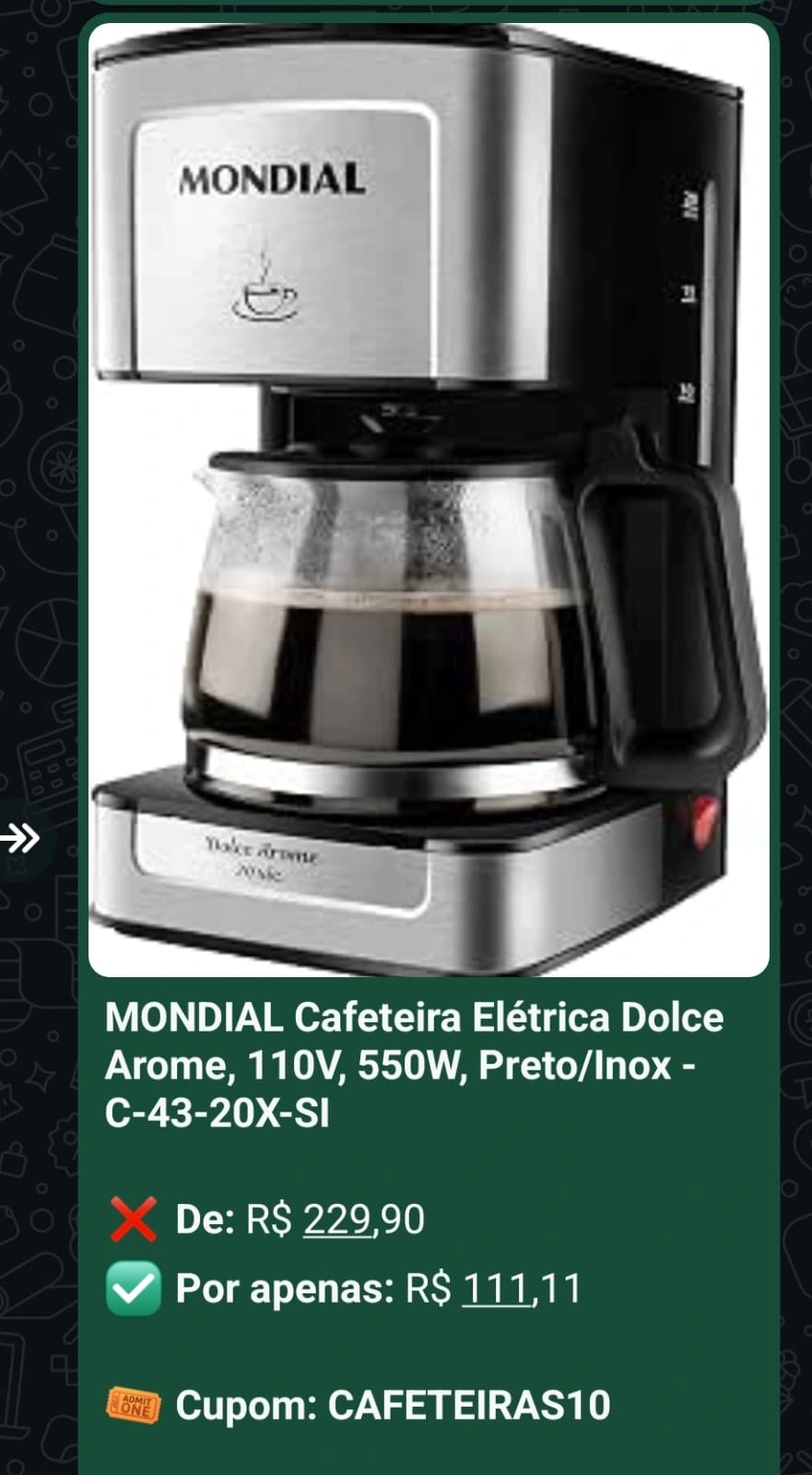Print real do grupo com oferta de cafeteira Mondial, preço promocional e cupom